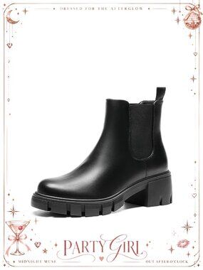 Women's Chelsea Ankle Boots Chunky Block Heel PU Leather Slip On Booties